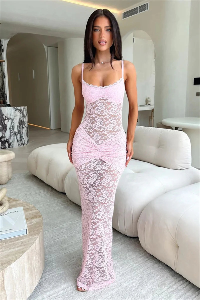 Mozision Lace Spaghetti Strap Sexy Maxi Dress Women Elegant See Through Sleeveless Backless Ruched Slinky Club Party Long Dress