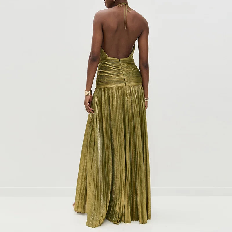Sexy Off Shoulder Halter Folds Slit Long Dress Luxurious Women Corset Party Dress Gold Halter Neck Evening Dress