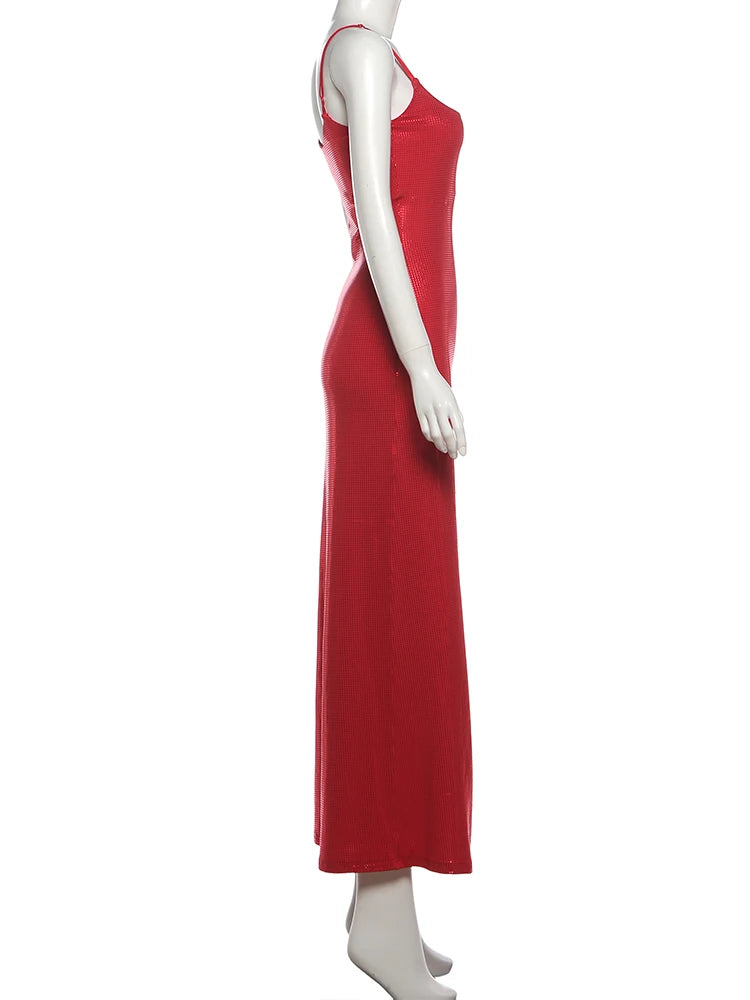 Kliou Glitter Sequins Sling Dress Woman Low-Neck Backless Skinny High Waist Gown Robe Midnight Prom Party Elegant Long Bodycon