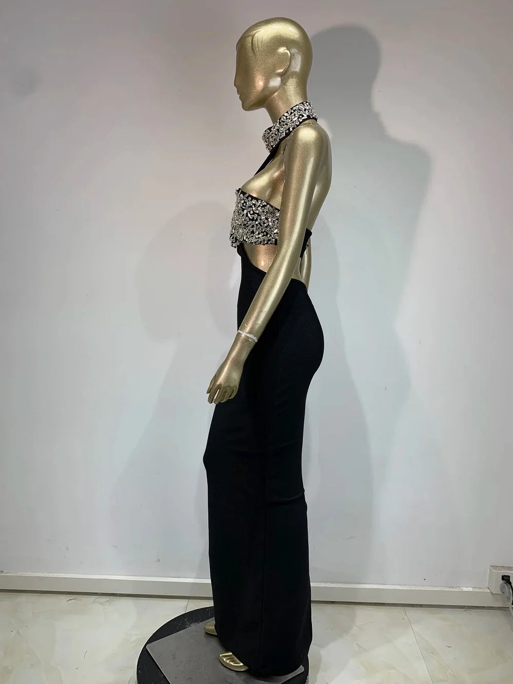 2025 Women Celebrity Sexy Halter Beading Crystal Black Maxi Long Bodycon Bandage Dress Elegant Evening Club Party Dress