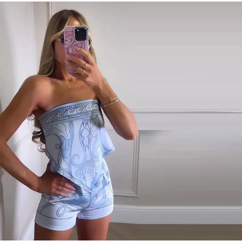 Sexy Women's Satin Printed Vest Shorts Set Lace Up Backless Strapless Crop Tops High Waist Short Pant 2026 Summer Beach Suit