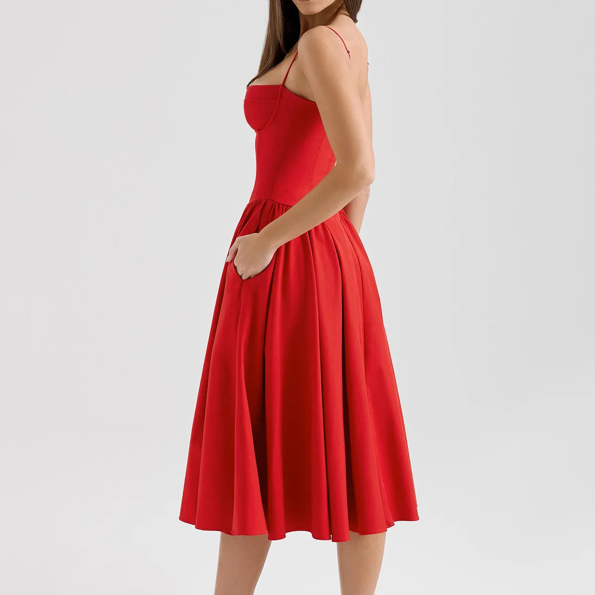 Suninheart Spaghetti Strap Summer Party Dresses 2025 New Arrivals Fit and Flare Elegant Midi Dress Red Night Date Dress - Shellss