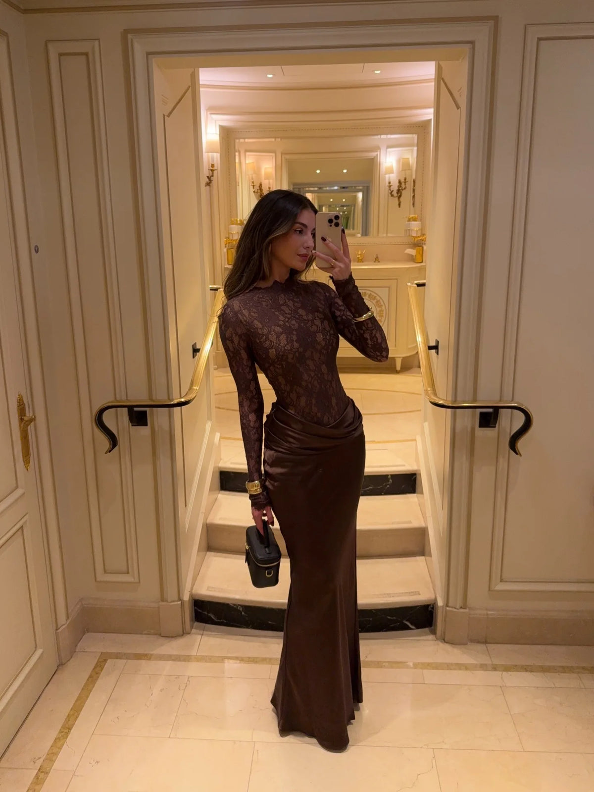 Sexy Women Lace Patchwork Long Sleeve Maxi Dress Elegant Satin Bodycon Evening Party Prom Dress Formal Wedding
