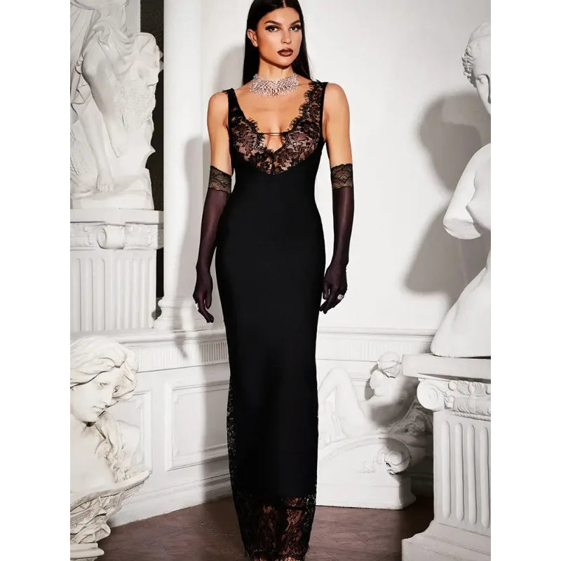 2026 Summer Fashion New Women's Elegant Lace Edge Strap Skirt Satin Splicing Sexy Temperament Bag Hip Split Dress