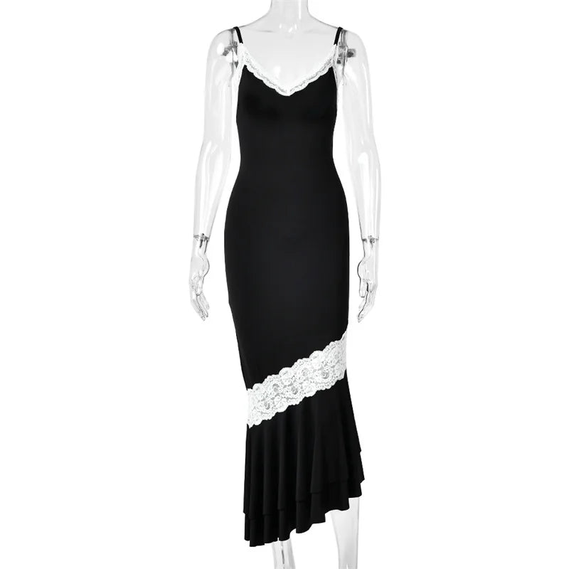 Mozision Women Spaghetti Strap V‑Neck Sexy Midi Dress Contrast White Lace Patchwork Ruffle Hem Bodycon Party Evening Dresses