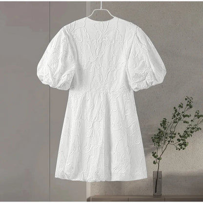 Embroidered Fluffy Short Puff Sleeve Dress Women