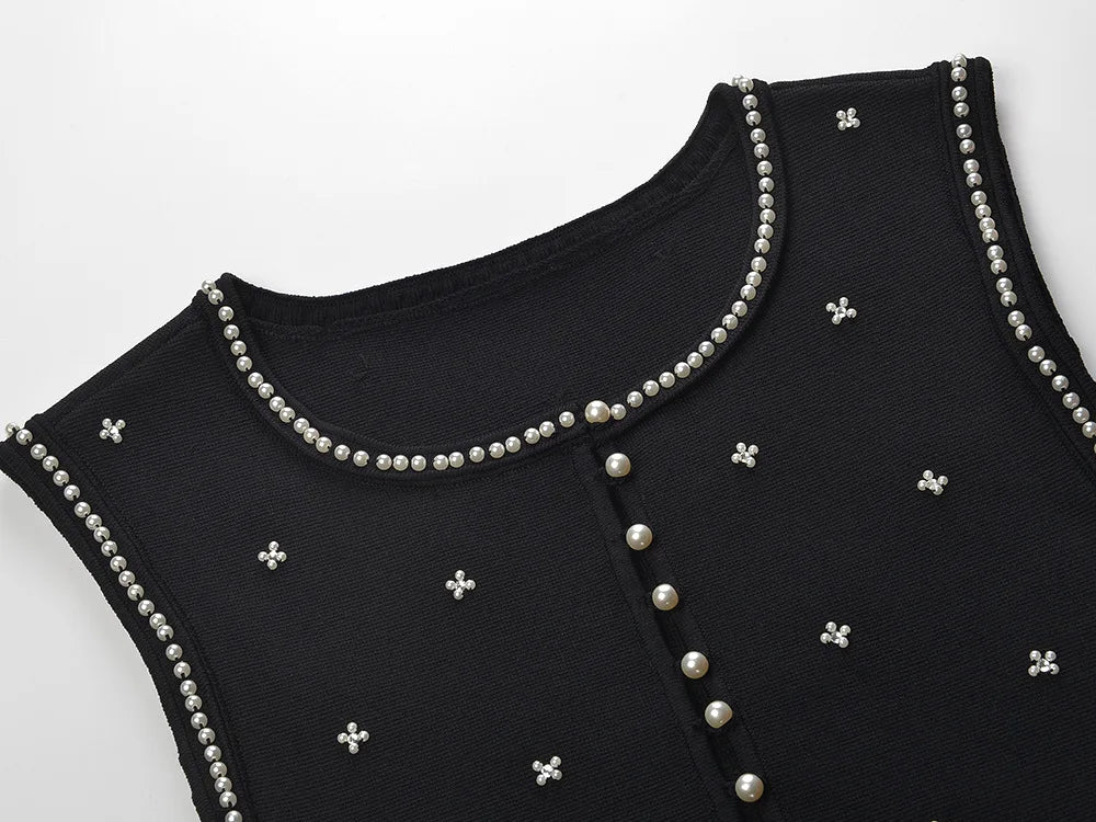 Sandro Summer New French Style Heavy Beaded Slim Fit Black Round Neck Sleeveless Top + Skirt