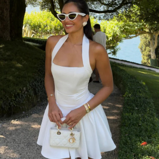 White halter neck dress