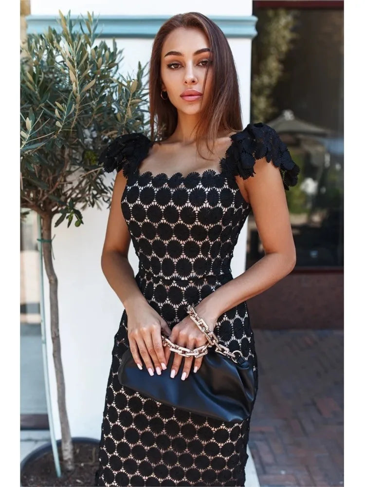 Women's Hollow Out Flower Lace Patchwork Slim Midi Dresses Temperament Solid Color Package Hip Dress Lady Commuting Vestidos - Shellss