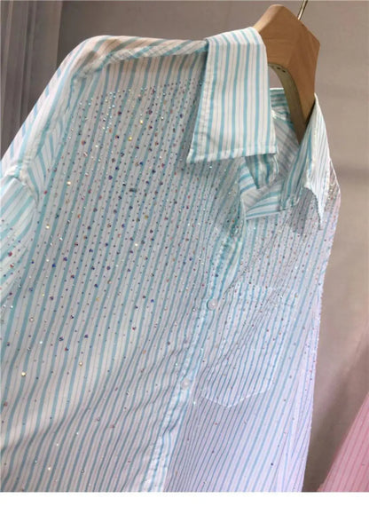 Lightweight Loose Stripes Rhinestone Shirt