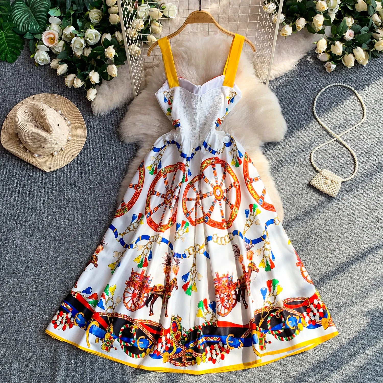 Retro Print Strapless Tube Dress Women's Summer Slimming A-Line Long Dress Court Style with Chest Pad Comfortable Breathable