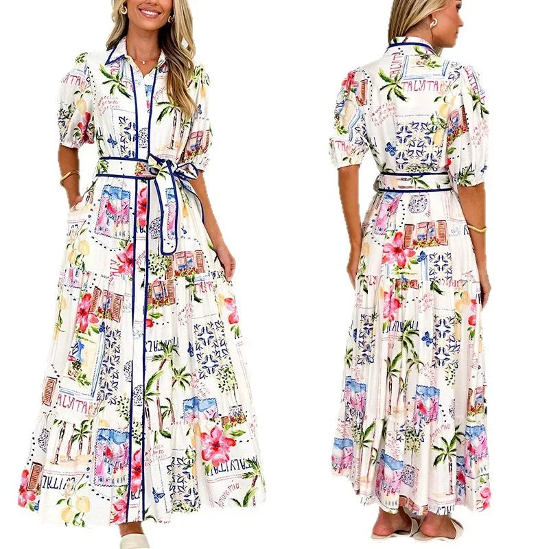 Floral Print Cotton Linen Short Sleeve Dress