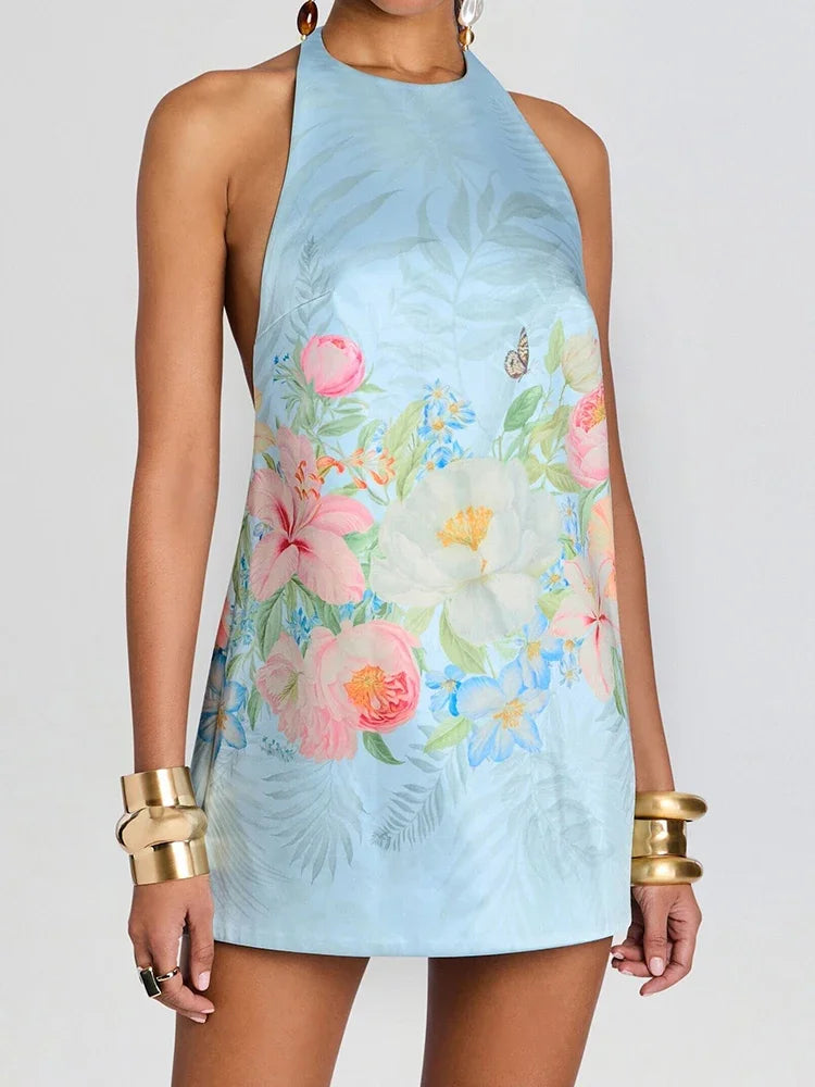 Bohemian Floral Print Halter Neck Mini Dress Women Sexy Sleeveless Backless Short Skirt Lady Summer Party Vacation Beachwear