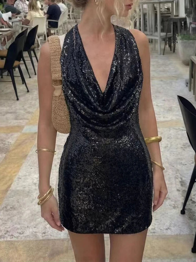 Casual Sleeveless Bodycon Short Party Dresses Women Sexy Halter Glitter Sequin Mini Dress Summer Backless Hollow Slim Hips Dress - Shellss