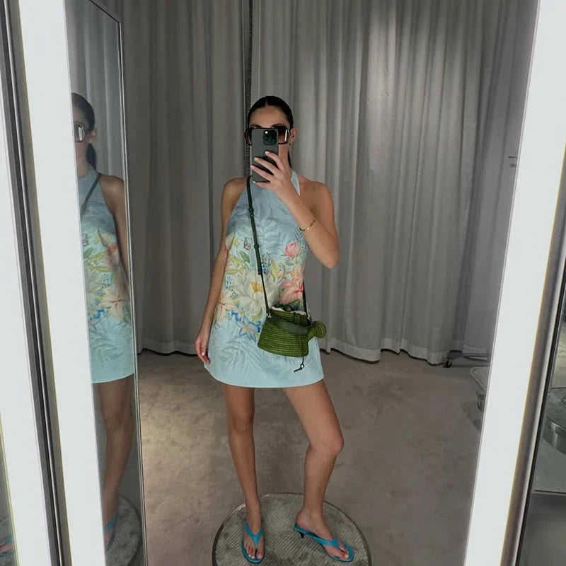 Bohemian Floral Print Halter Neck Mini Dress Women Sexy Sleeveless Backless Short Skirt Lady Summer Party Vacation Beachwear