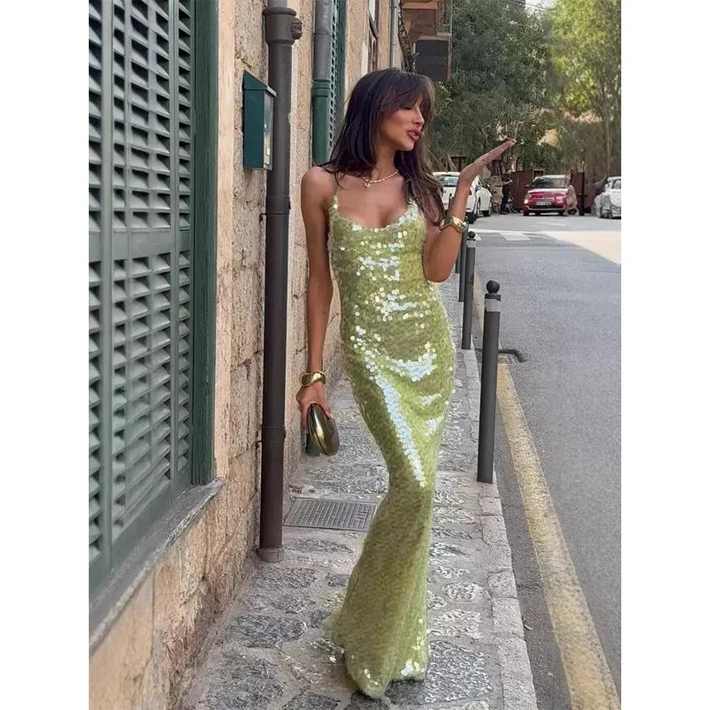 Sequin Deep V-neck Long Dress Women Chic Sleeveless Spaghetti Strap Backless Mermaid Robes Lady Sexy Evening New Party Dresses