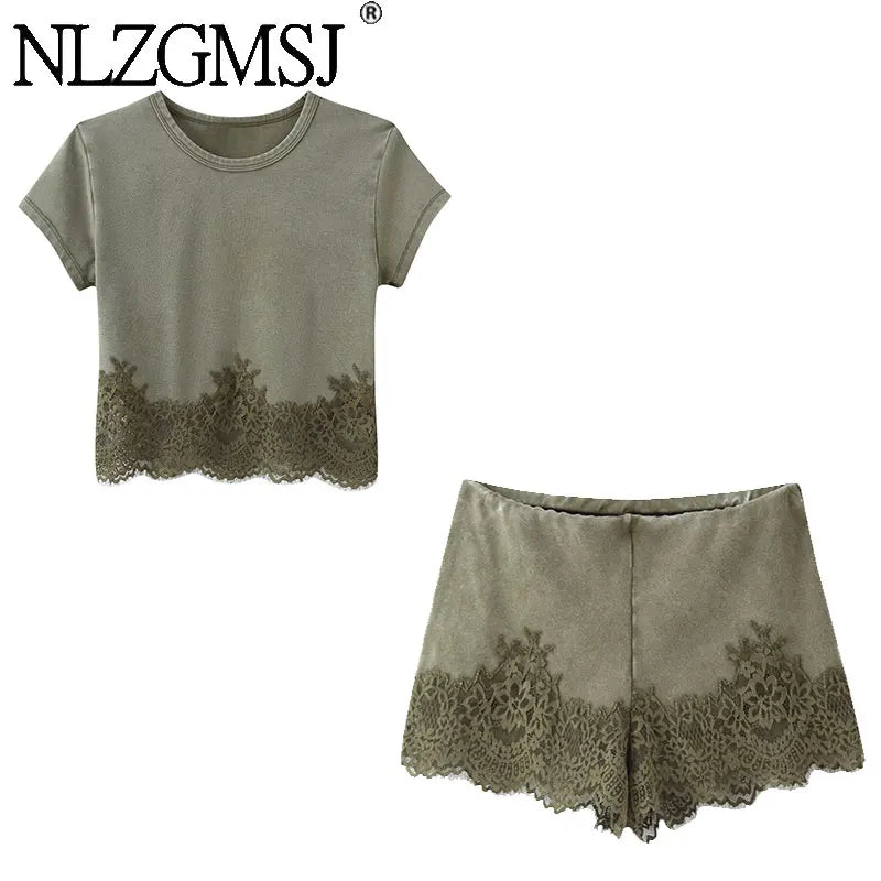 NLZGMSJ 2026 Summer Casual Chic Women Lace Suit O-Neck Short Sleeve Top Straight Loose Shorts Fashion Holiday Sets