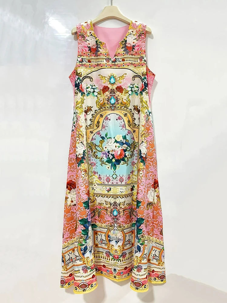 2026 Summer Women's Clothing Retro Geometric Print V-neck Pullover Sleeveless Dress Fashion Loose Large Size A-Line Tank Top - Shellss