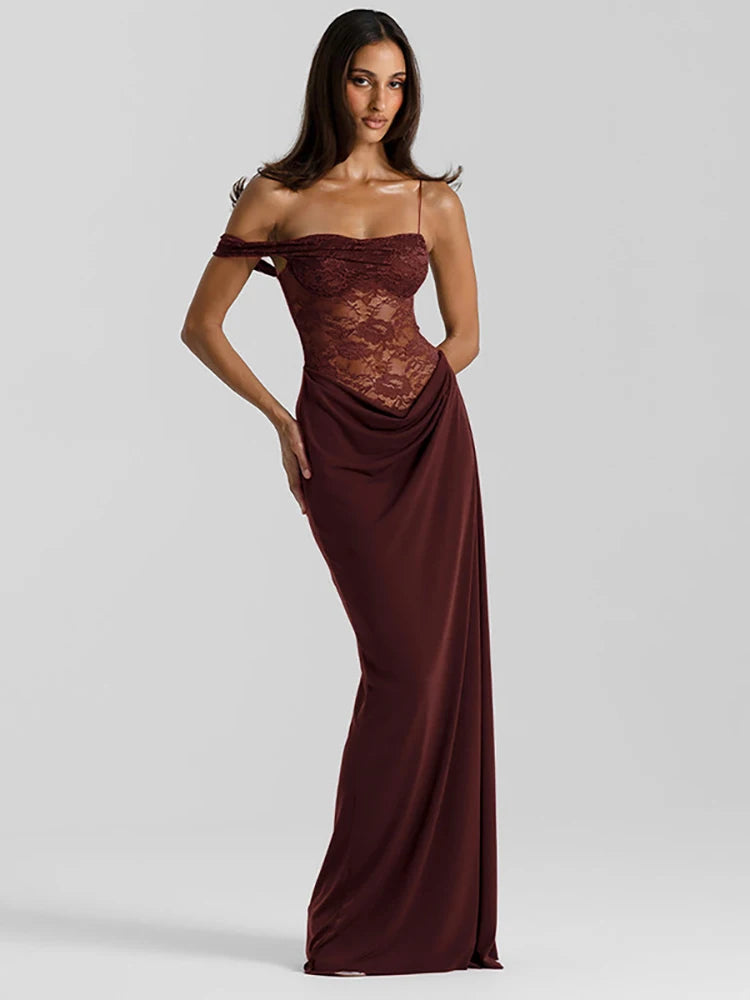 Brown Sheer lace and satin Dress Clio