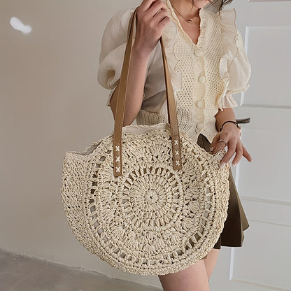 Round Embroidered Beach Straw Bag