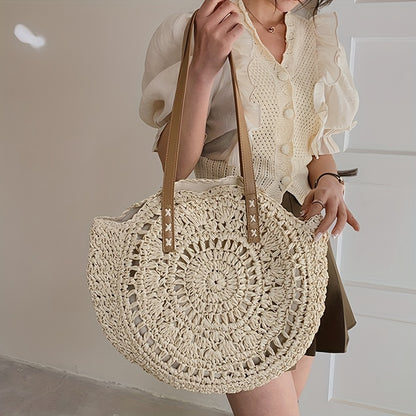 Round Embroidered Beach Straw Bag