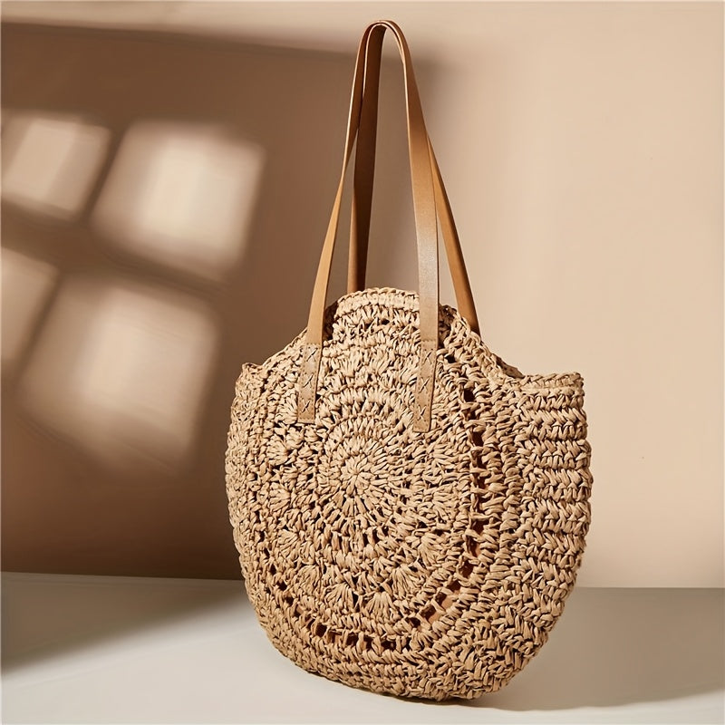 Round Embroidered Beach Straw Bag