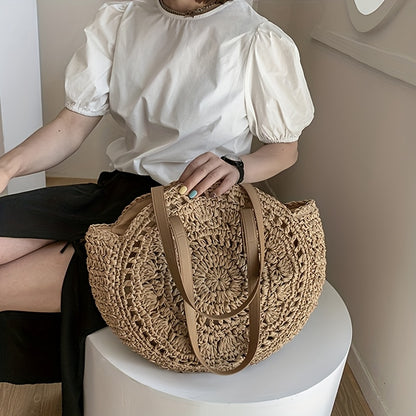 Round Embroidered Beach Straw Bag