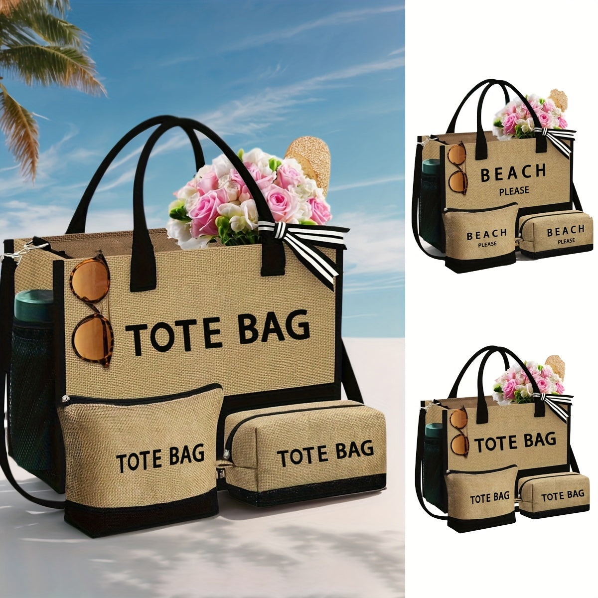 Set Of 3 Beach Tote bag+small pouch & Vanity bag