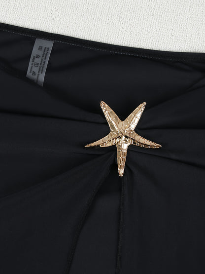 Starfish Halter Lace-Up One-Piece Swimsuit with High Slit Skirt