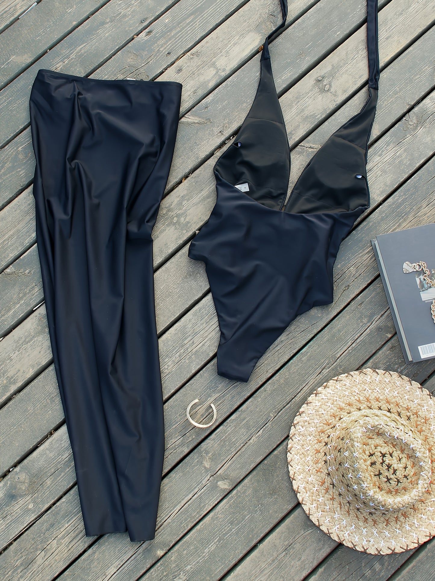 Starfish Halter Lace-Up One-Piece Swimsuit with High Slit Skirt