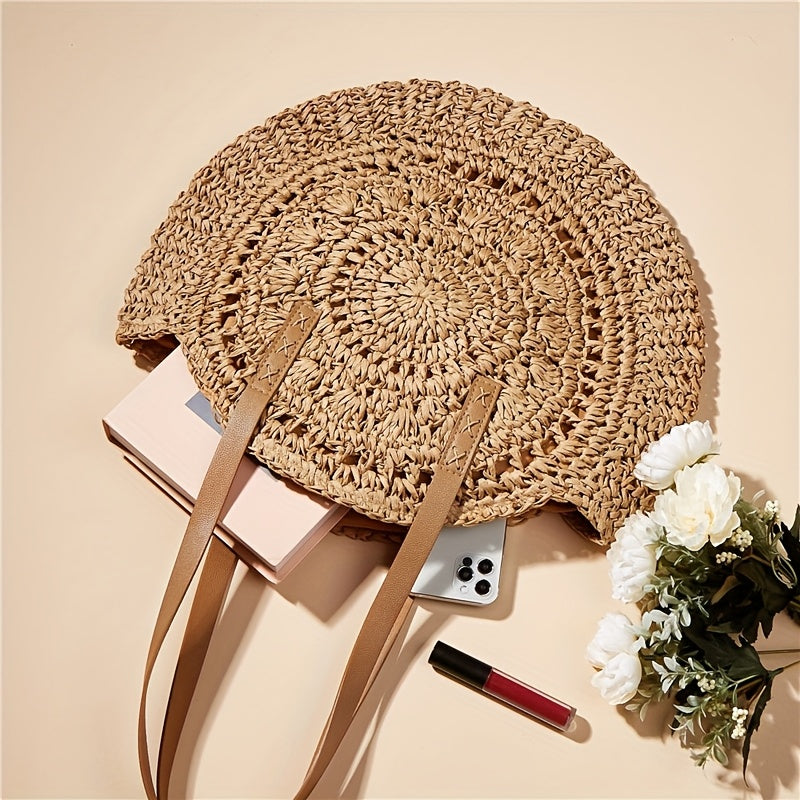 Round Embroidered Beach Straw Bag