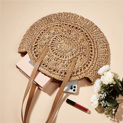 Round Embroidered Beach Straw Bag