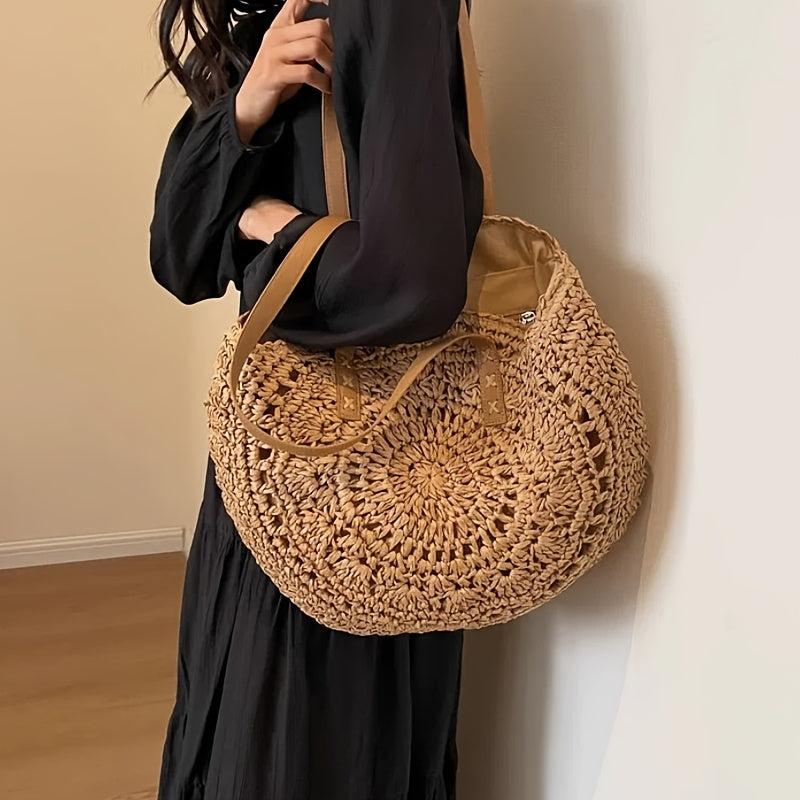 Round Embroidered Beach Straw Bag